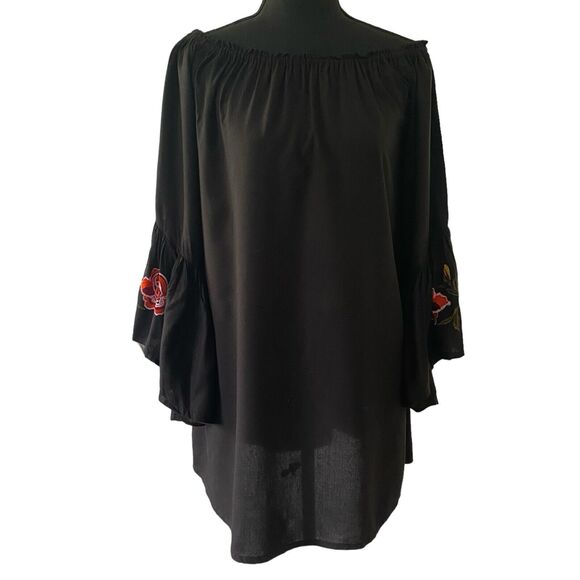 Feathers Peasant Blouse Tunic Black M Off The Shoulder Embroidered Boho Artsy - Picture 5 of 6